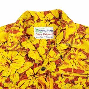 Vtg 50s Duke of Hollywood Waikiki  Hawaiian Loop Collar Shirt Pinup Girl Medium